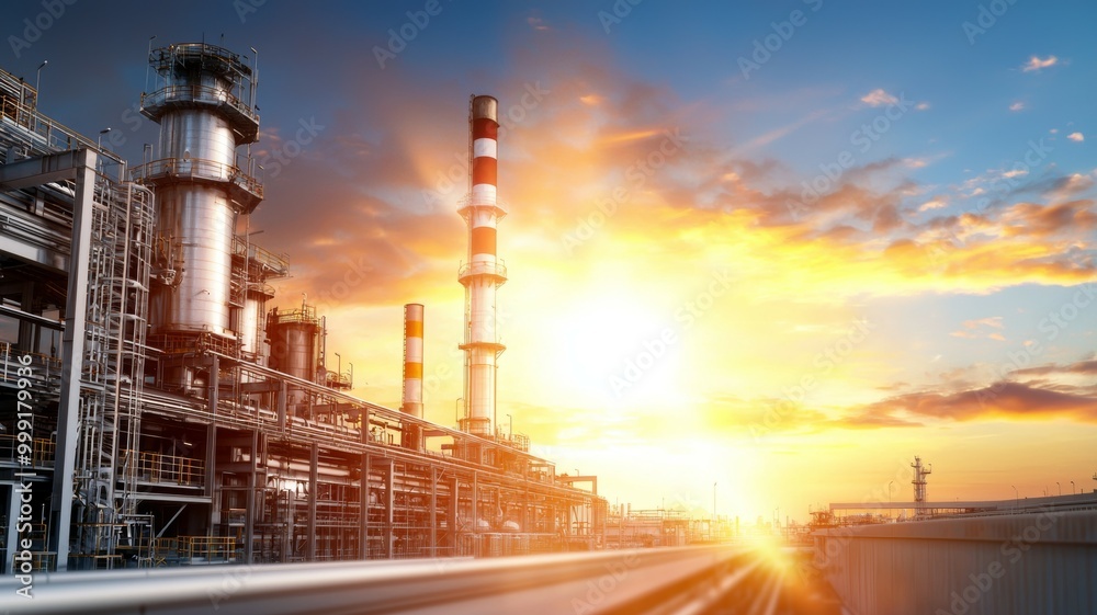 A large industrial plant with a sunset in the background A large industrial plant with a sunset in the background