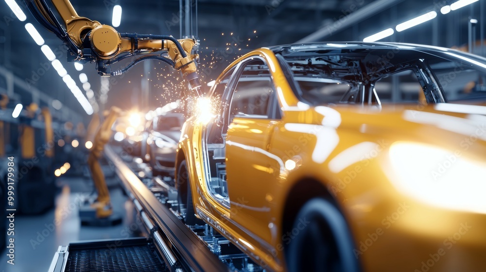 Fototapeta premium A car is being built in a factory with a robotic arm
