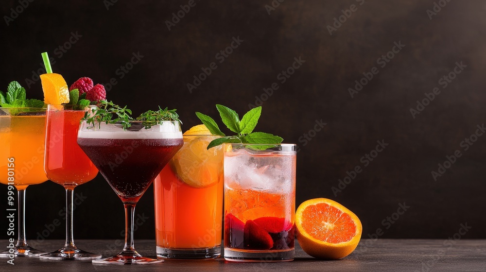 Fototapeta premium Summer Cocktails Refreshing Drinks Orange and Berry Garnish Bar Party Celebration