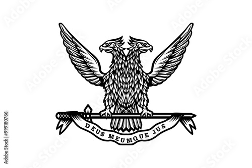 two headed eagle black white vector logo, deus meumque jus