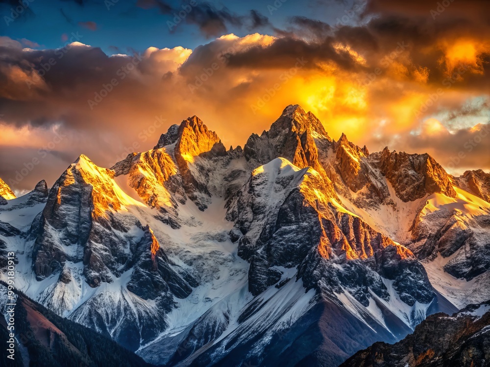 Εκτύπωση καμβά Sun rises above rugged mountains, casting golden light on snow-capped peaks, while dark shadows fall on the valleys, creating a striking contrast of warm and cool tones