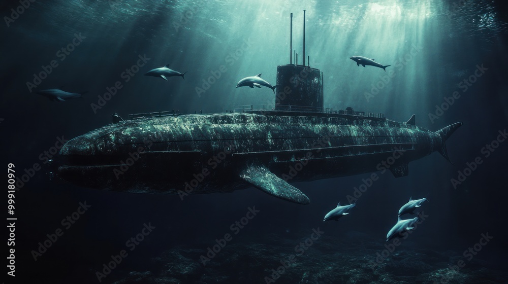Submarine and Dolphins Submarine and Dolphins