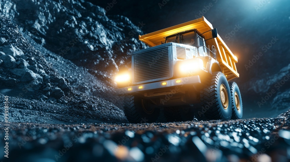 A large yellow dump truck is driving down a rocky road A large yellow dump truck is driving down a rocky road