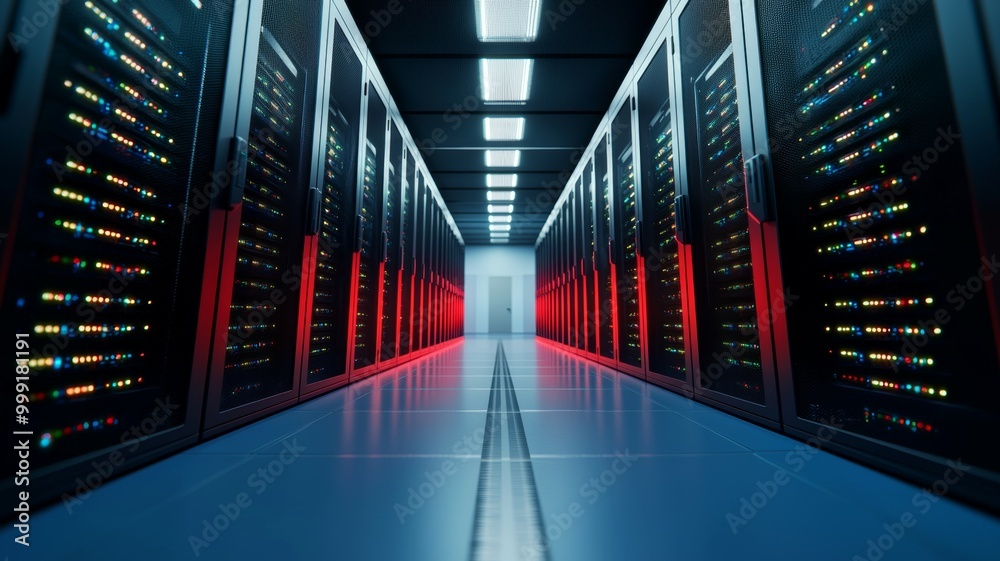 A long hallway with many computer servers A long hallway with many computer servers