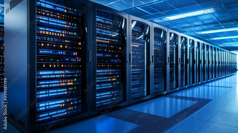 A row of computer servers are lit up in blue A row of computer servers are lit up in blue