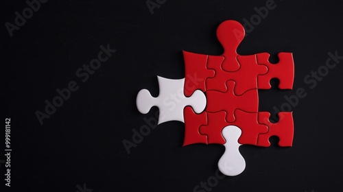 Incomplete Puzzle   Red and White Puzzle Pieces on Black Background  Missing Pieces  Workf photo