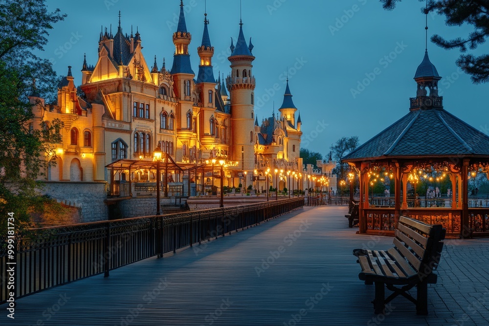 Fototapeta premium Enchanting castle at night with illuminated architecture and walkway