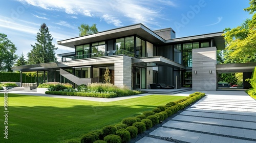 Serene Contemporary Luxury Home: Boasting a Clean Minimalist Design with Large Windows, Manicured Lawn, and Paved Walkway