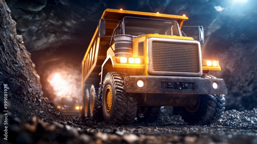 A yellow dump truck is driving through a rocky tunnel A yellow dump truck is driving through a rocky tunnel