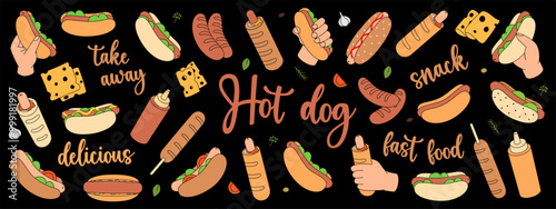 Hot dogs set. American street fast food. Long buns, sausage, vegetables, sauces. Vector illustration.