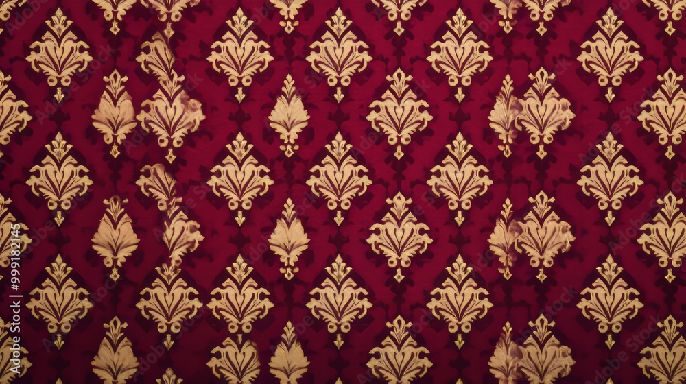 Close up of a red and gold damask pattern wallpaper with some wear and tear. Close up of a red and gold damask pattern wallpaper with some wear and tear.