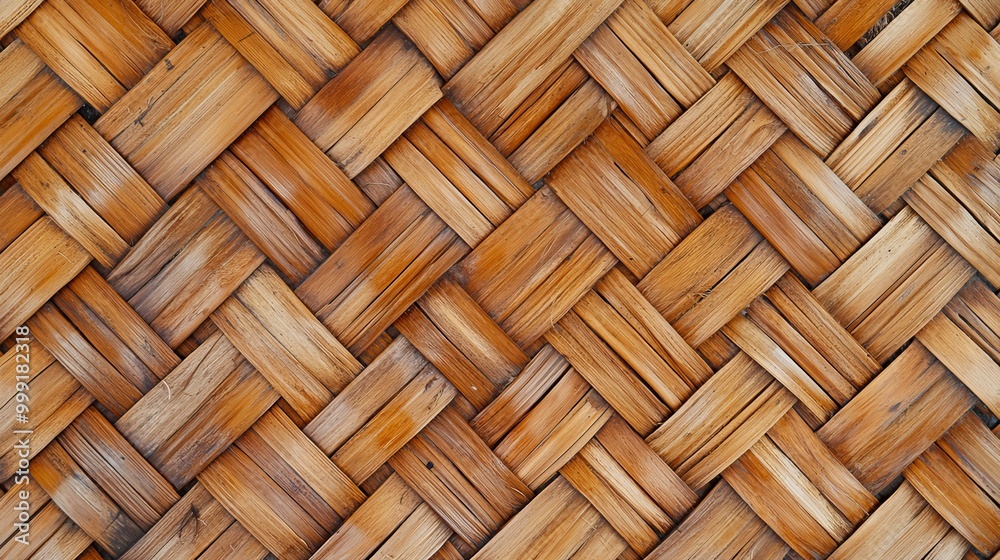 Closeup of a woven bamboo mat with a diagonal pattern.