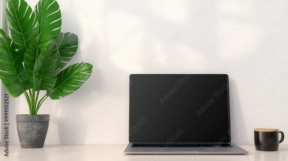 Minimalist Workspace with Laptop Plant and Coffee Cup Minimalist Workspace with Laptop Plant and Coffee Cup