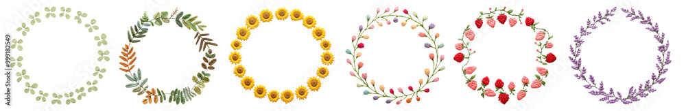 Embroidery wreath png cut out element set Embroidery wreath png cut out element set