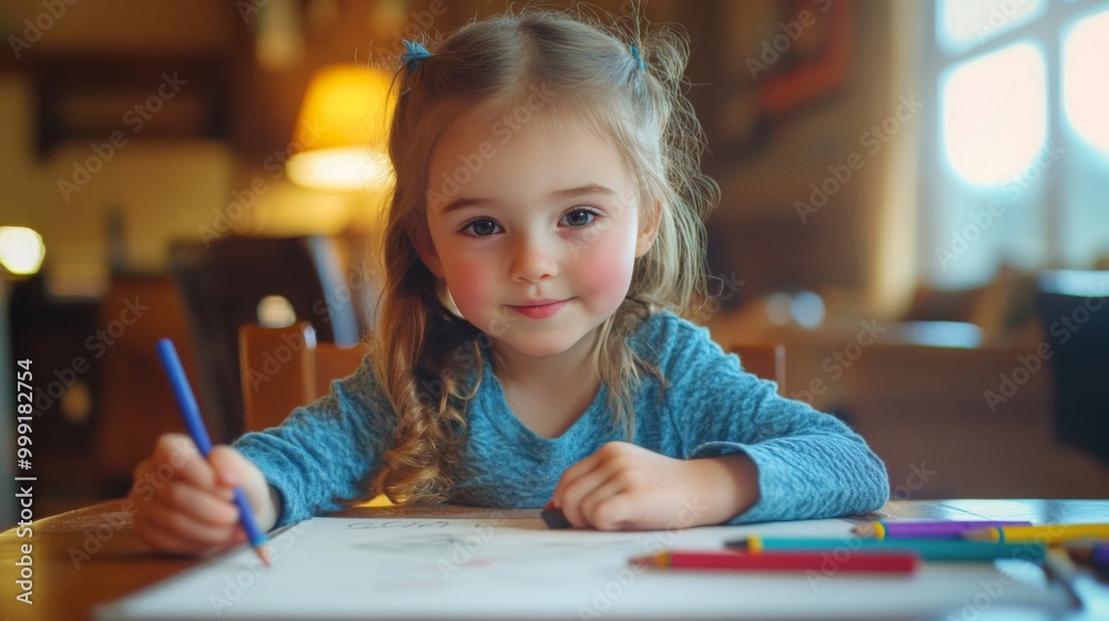 A little girl with pigtails sits at a table and draws with colored pencils. A little girl with pigtails sits at a table and draws with colored pencils.
