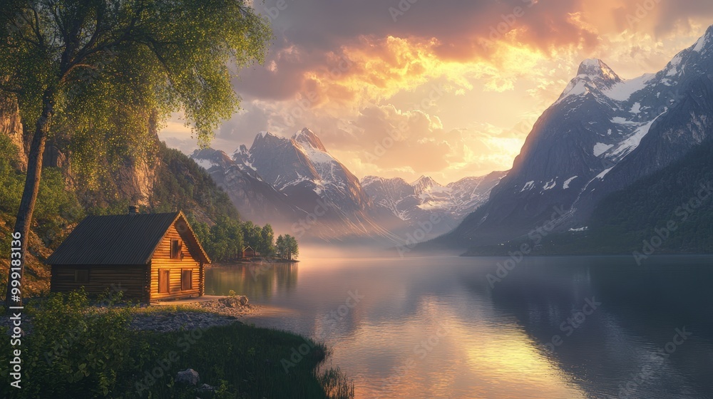 Fototapeta premium Serene mountain lake with log cabin at sunset