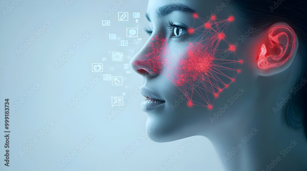 Woman's Face with Glowing Digital Connections Woman's Face with Glowing Digital Connections
