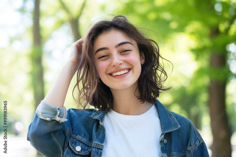 French woman in casual shirt smile arm on head at sunny park French woman in casual shirt smile arm on head at sunny park