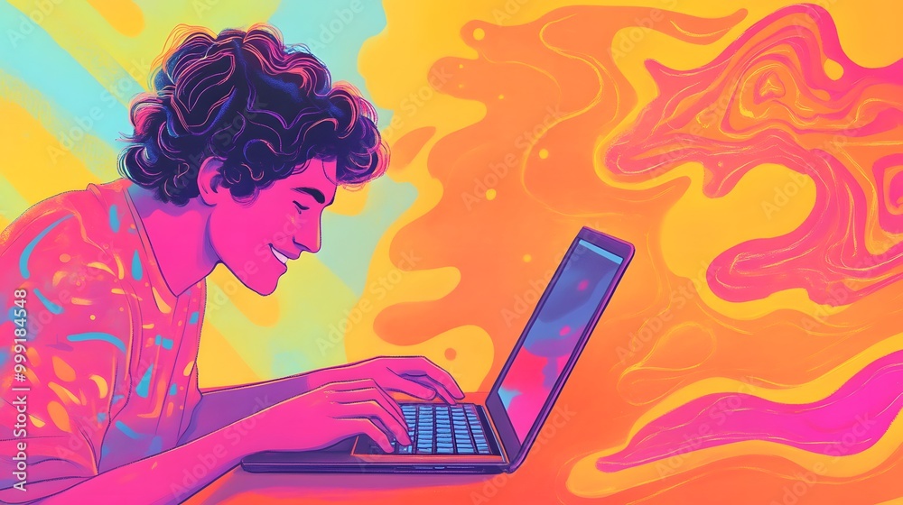 Portrait of happy young man with laptop on color background. 