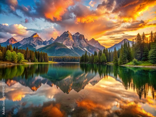 Tranquil mountain lake mirrors the kaleidoscope of colors unfolding in the dawn sky as soft golden light dances across the calm waters and surrounding peaks.