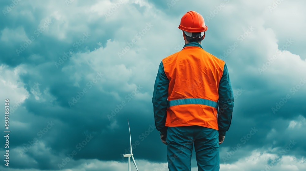 Engineer atop a turbine, looking down, dramatic sky, extreme highangle shot Engineer atop a turbine, looking down, dramatic sky, extreme highangle shot