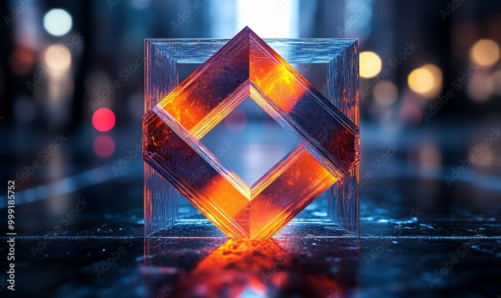A glowing orange square within a frosted glass cube sits on a black surface in front of a blurred city background. A glowing orange square within a frosted glass cube sits on a black surface in front of a blurred city background.