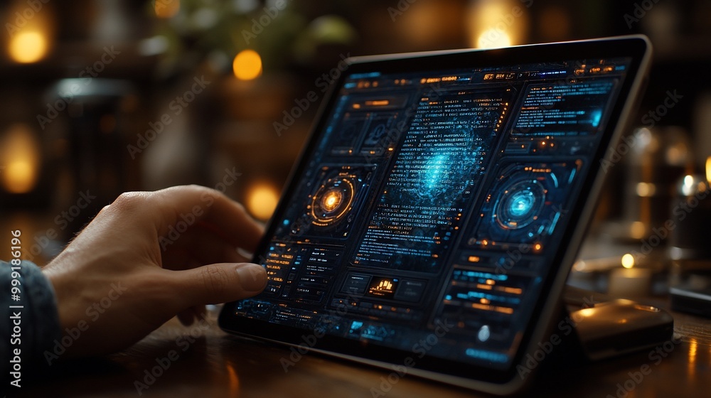 A hand interacts with a futuristic tablet displaying data and code. A hand interacts with a futuristic tablet displaying data and code.