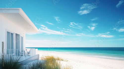 A serene, white beachfront house overlooking a turquoise ocean under a bright blue sky with wispy clouds. The tranquil setting evokes a sense of peace and relaxation.
