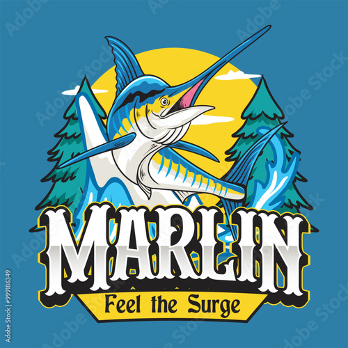 Marlin Fish Sport Fishing Logotype in Blue Background Colorful Vector Cartoon Modern Illustration for sticker badge emblem t-shirt banner invitation