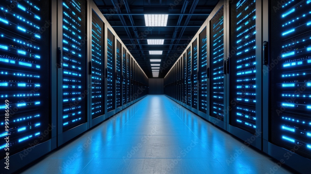 Obraz premium Modern Data Center Server Room with Blue Lights