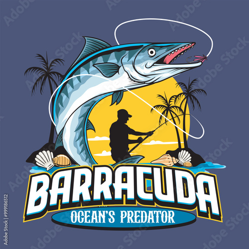 Barracuda Fish Catch by Fisherman Sport Fishing Logotype in Vector Cartoon Modern Illustration for sticker badge emblem t-shirt banner invitation
