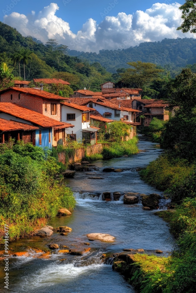 Charming riverside village in lush tropical landscape Charming riverside village in lush tropical landscape