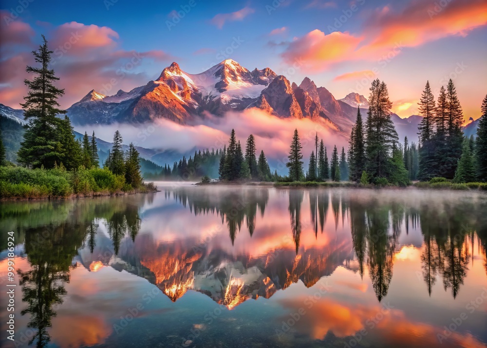 Tranquil Mountain Lake Mirrors Perfectly the Rosy Hues of Dawn's Early Light as Snowcapped Peaks Rise Majestically from Water's Edge and Morning Mist Rises Slowly. Tranquil Mountain Lake Mirrors Perfectly the Rosy Hues of Dawn's Early Light as Snowcapped Peaks Rise Majestically from Water's Edge and Morning Mist Rises Slowly.