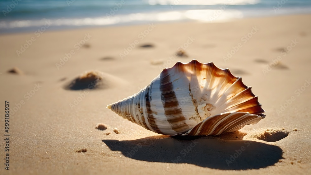 Large Seashell Resting on Golden Sand Near Calm Ocean Water on a Sunny Day in a Coastal Area Large Seashell Resting on Golden Sand Near Calm Ocean Water on a Sunny Day in a Coastal Area