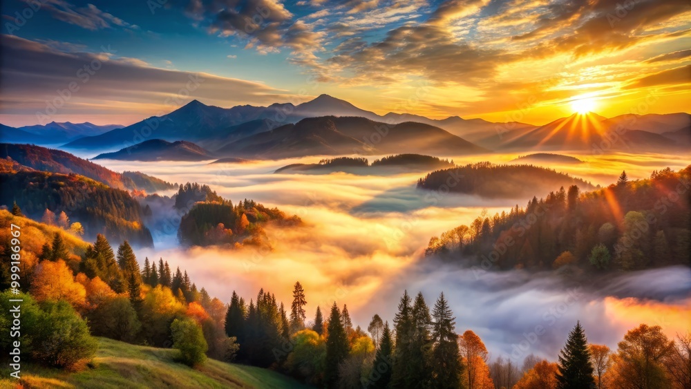 Fototapeta premium Misty Mountain Valley comes alive with vibrant colors as sunrise breaks through morning fog casting long shadows and warm light.