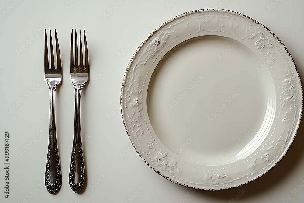 Waiting for our dinner with served plate, fork, and knife in a girl's hands on a white background. A place for text, top view. isolated on white background design Waiting for our dinner with served plate, fork, and knife in a girl's hands on a white background. A place for text, top view. isolated on white background design
