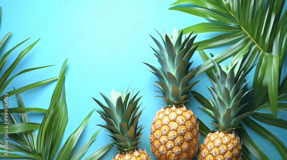 Tropical pineapple and palm leaves on blue background Tropical pineapple and palm leaves on blue background
