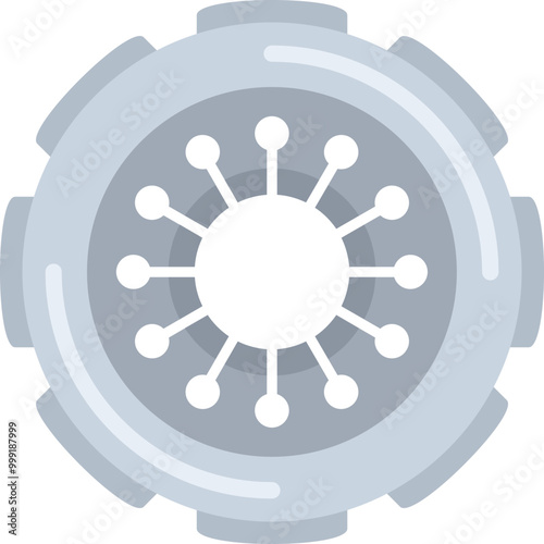 Circular gear shaped icon with lines connecting at the center, symbolizing a digital network hub