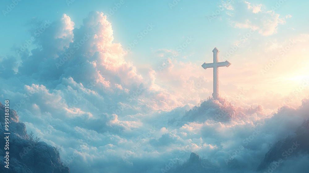 cross breaks through a serene cloudscape, symbolizing hope and divine guidance. This image evokes feelings of faith, peace, and spiritual upliftment, inviting viewers to reflect on their beliefs cross breaks through a serene cloudscape, symbolizing hope and divine guidance. This image evokes feelings of faith, peace, and spiritual upliftment, inviting viewers to reflect on their beliefs