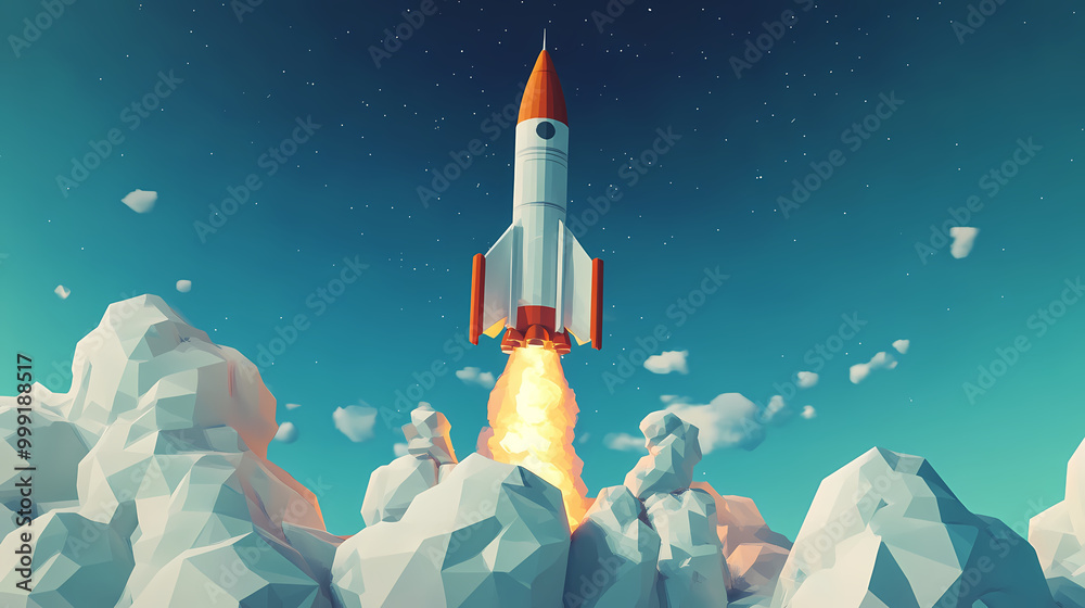 Naklejka premium Low poly rocket launch - space exploration art. Low Poly Art. Illustration