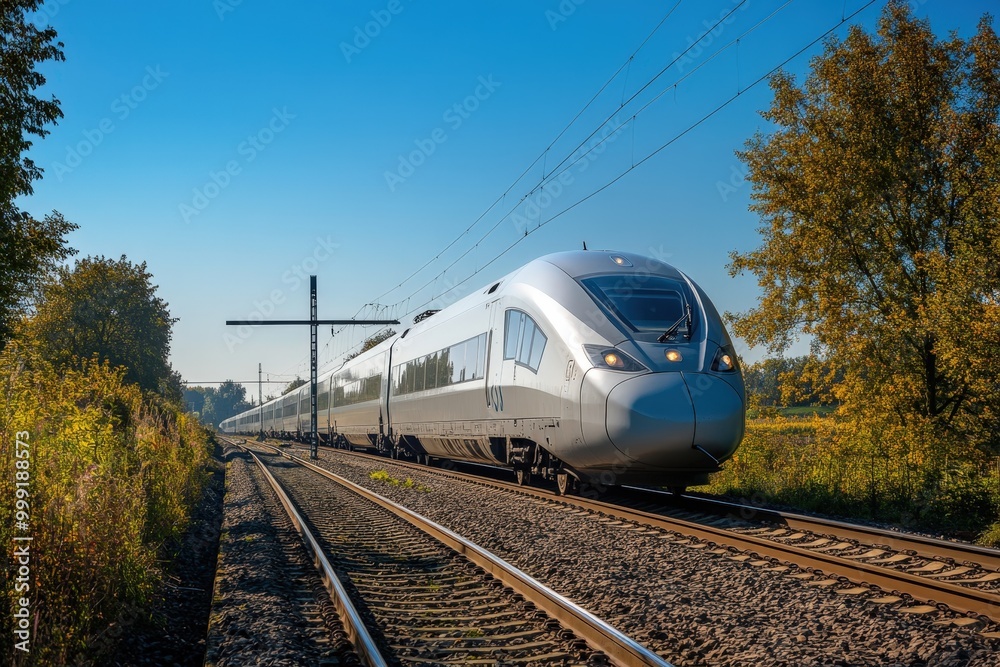 Naklejka premium high-speed train on railway tracks through autumn landscape