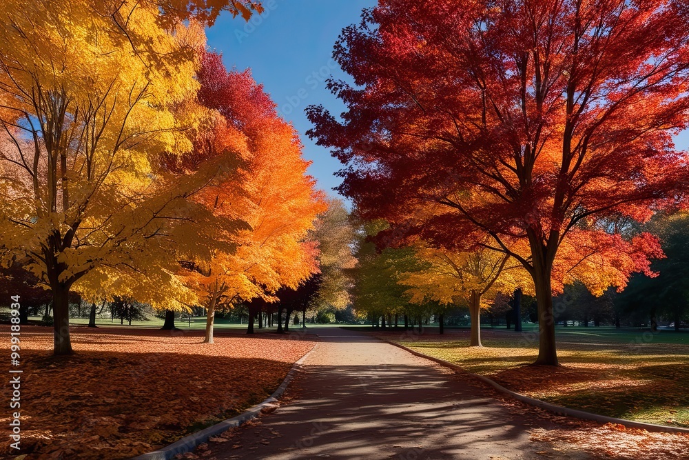 Stunning Autumn Park with Amber and Cranberry Foliage in Bright Sunlight Stunning Autumn Park with Amber and Cranberry Foliage in Bright Sunlight