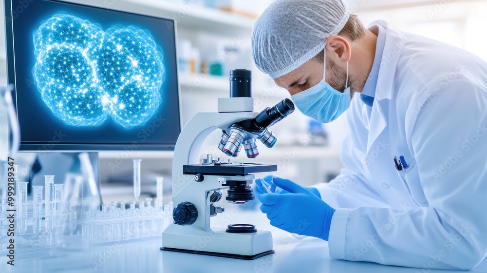 Scientist Working with Microscope in Laboratory Environment Scientist Working with Microscope in Laboratory Environment
