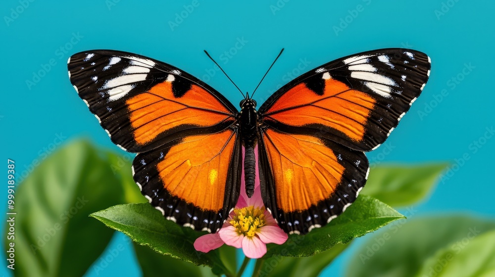 Fototapeta premium Orange and Black Butterfly on Pink Flower with Green Leaves