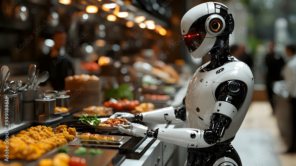 Fototapeta premium Robot Server Serving Food at a Buffet