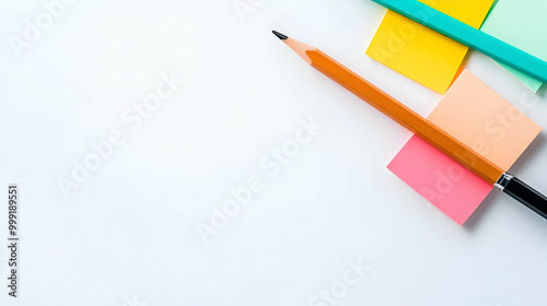 Colorful Pencils and Sticky Notes on White Background