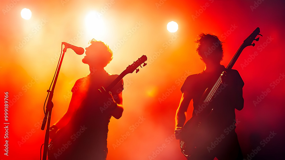 Obraz premium Rock Band Members Performing Under Dramatic Lighting