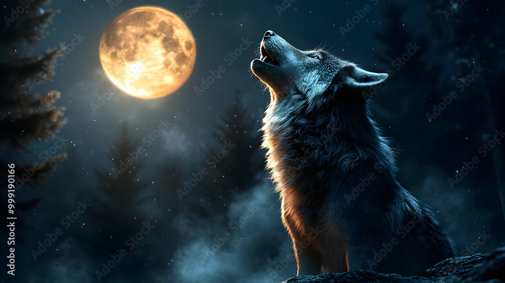 Wolf Howling at the Full Moon in a Dark Forest