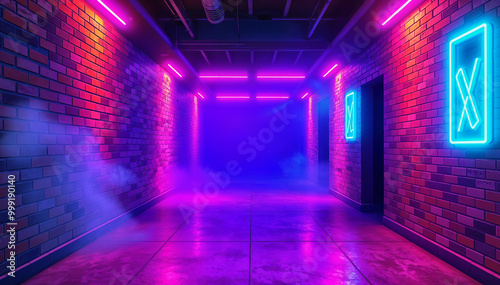 Neon Retro Brick Walls Club Mist Dark Foggy Empty Hallway Corridor Room Garage Studio Dance Glowing Blue Purple Spot Lights Concrete Floor 3D Rendering Illustration