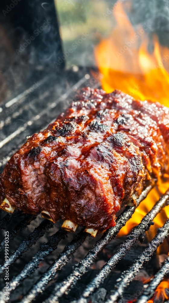 Close-up of Juicy BBQ Ribs Grilling over an Open Flame. Close-up of Juicy BBQ Ribs Grilling over an Open Flame.